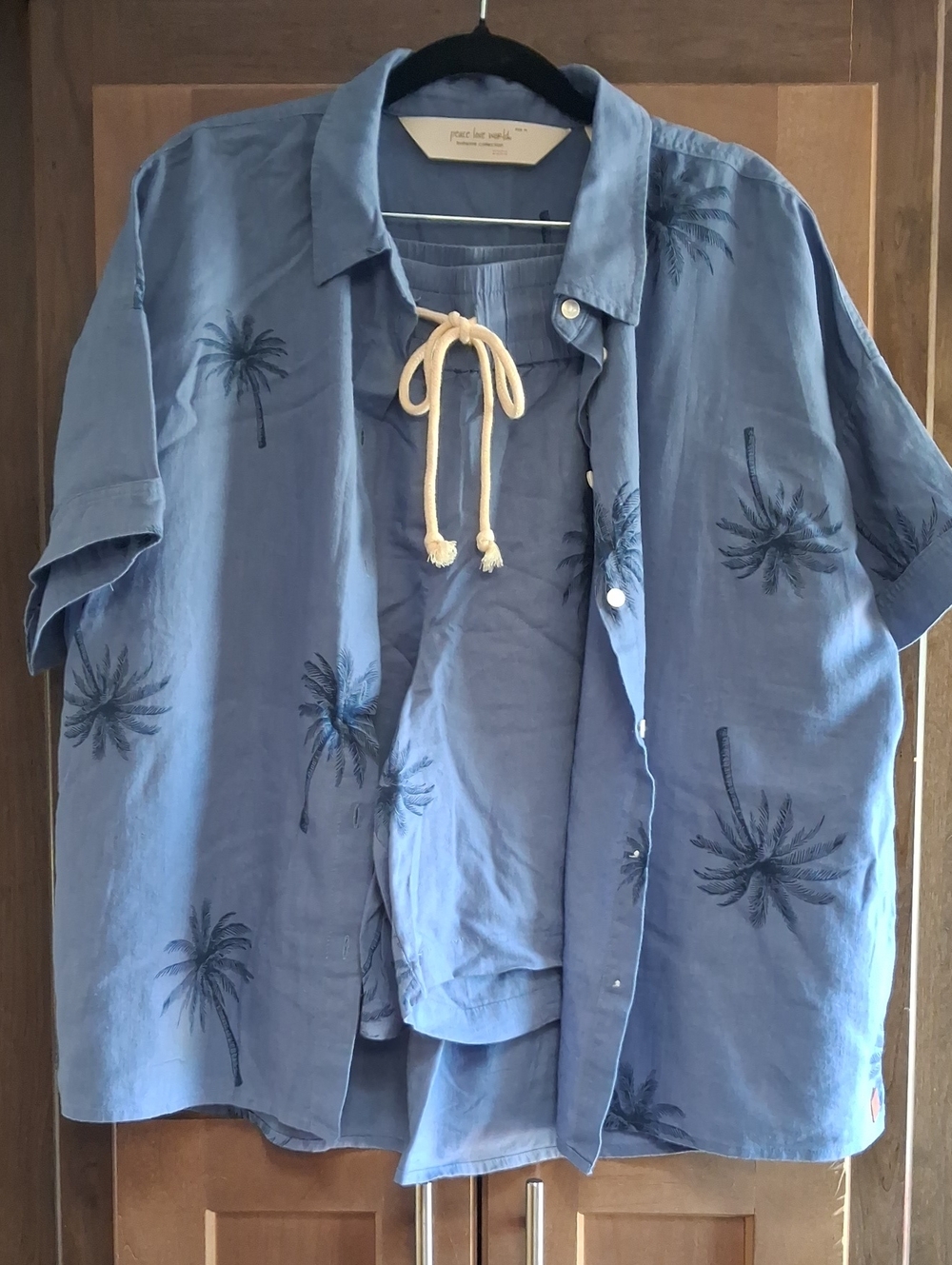 Peace Love World Blue Palm Print Short-Sleeve Button-Up Shirt